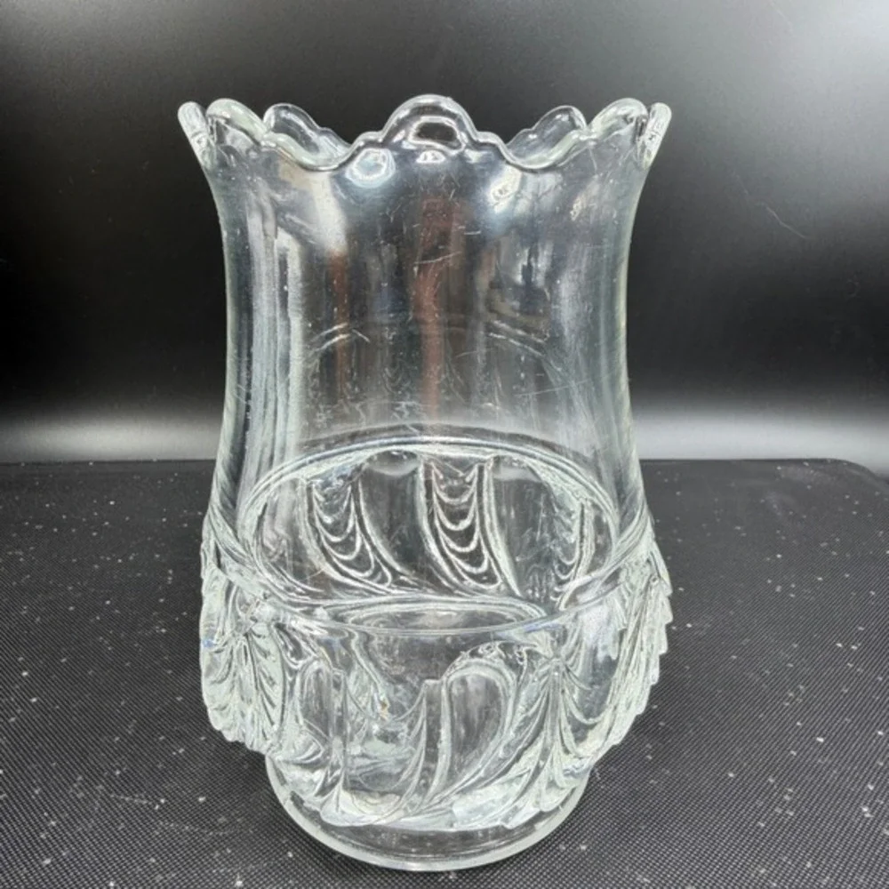 EAPG Victorian Manganese‎ Glass Vase Scalloped Feather Glows Herringbone Celery